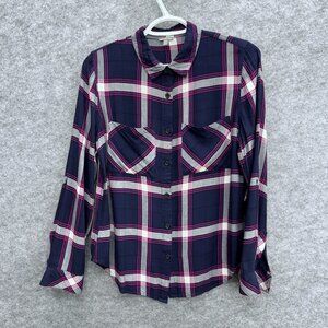 Charlotte Russe Button-Front Checker Shirt Women's Size S Long Sleeve 100% Rayon